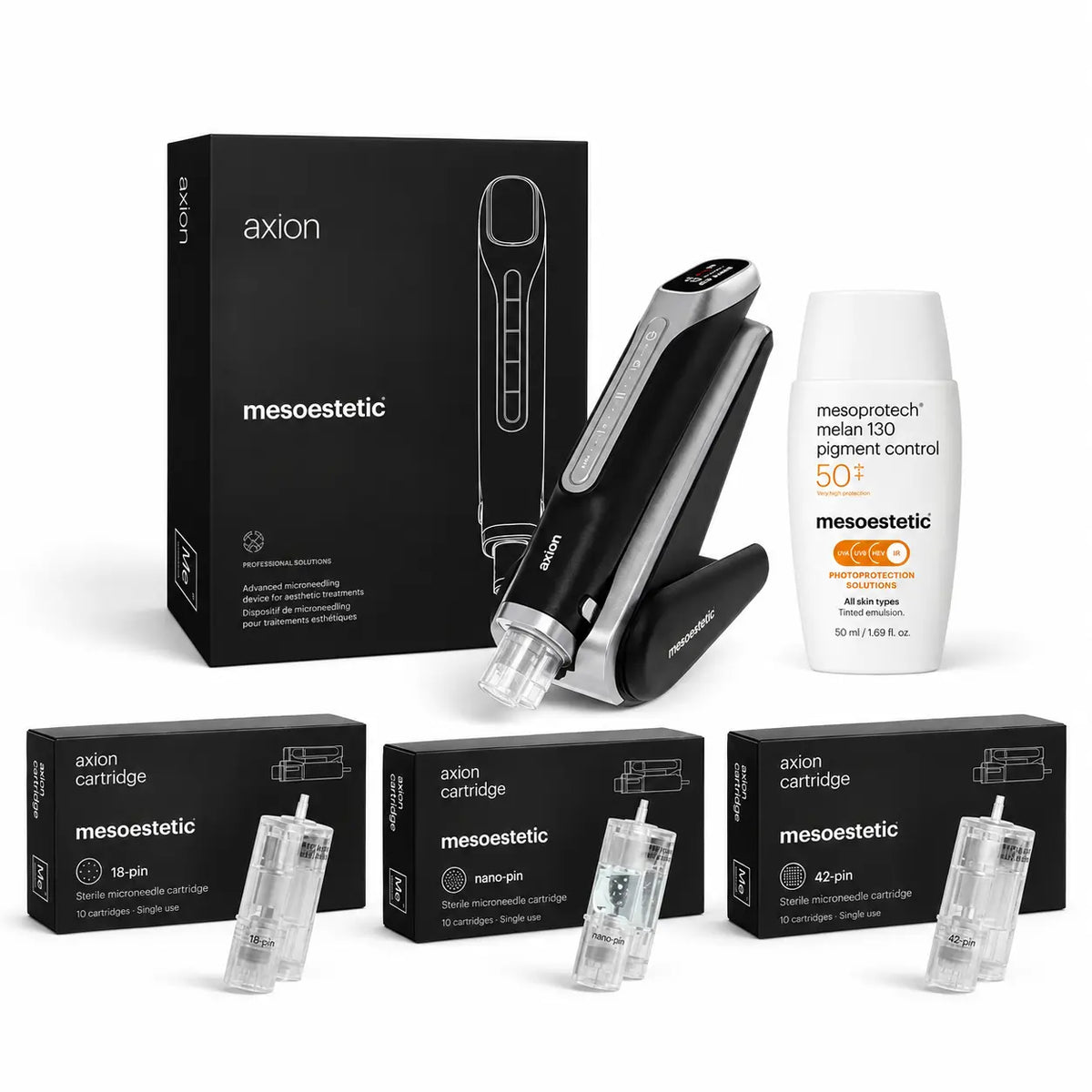 Mesoestetic Axion Professional Microneedling Bundle – Pen + 30 Cartridges + Melan 130 SPF 50