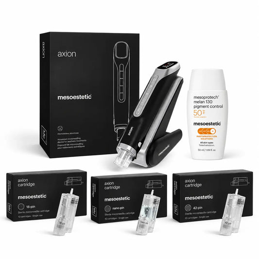 Mesoestetic Axion Professional Microneedling Bundle – Pen + 30 Cartridges + Melan 130 SPF 50